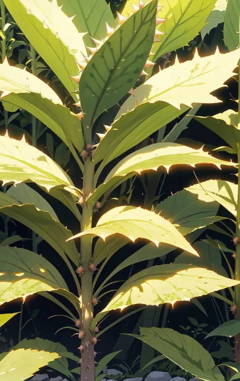 An Medium Close Up of Majestic Mottled Clumping Tapered plant, Glutinous Texture Prostrate Stolon, Prickly, Quinacridone Sienna Heteromorphic Seeds, Divided, Gamosepalous, Tristichous Phyllotaxy, , in background gradient