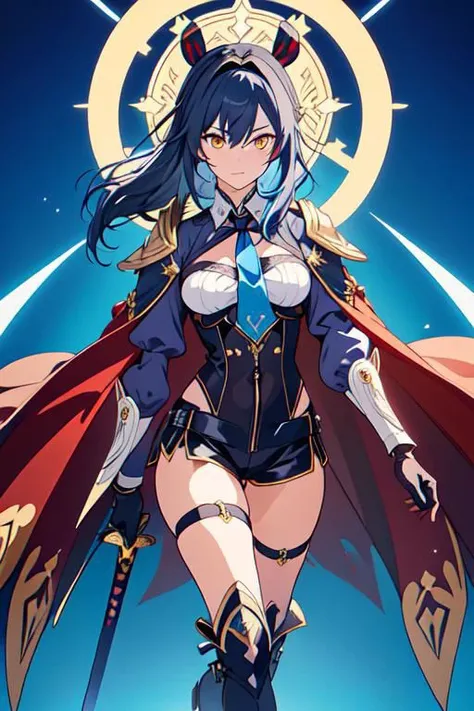 eula (genshin impact),black gloves,black hairband,blue cape,blue gloves,blue hair,blue necktie,boots,cape,chest harness,clothing cutout,gloves,greatsword,hair between eyes,hair ornament,hairband,harness,high-waist shorts,holding,holding sword,juliet sleeves,long sleeves,medium breasts,medium hair,necktie,puffy sleeves,shorts,shoulder cutout,sword,thigh boots,thighs,vision (genshin impact),weapon,wide sleeves,yellow eyes,BREAK beautiful,masterpiece,best quality,extremely detailed face,perfect lighting,full body up portrait,1girl,solo, BREAK thick outline,gradient background