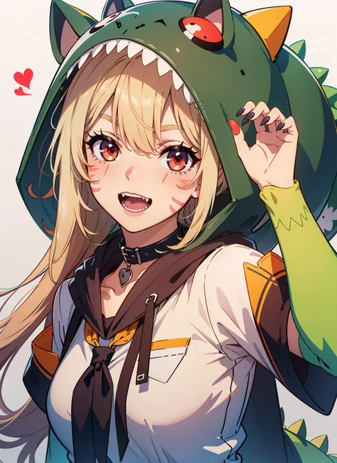 masterpiece, highres, absurdres, high resolution, absurd resolution, highly detailed, high detail, extremely detailed, anime
shyrei faolan \(virtual youtuber\), 1girl, solo
(blush:0.8), facial mark, whisker markings, skin fang, open mouth, smile, red eyes
blonde hair, long hair, x hair ornament
(claw pose:1.3), hands in claw pose
collar, (green dinosaur costume, dinosaur hood, hood up, dinosaur tail:1.1)
looking at viewer, white background