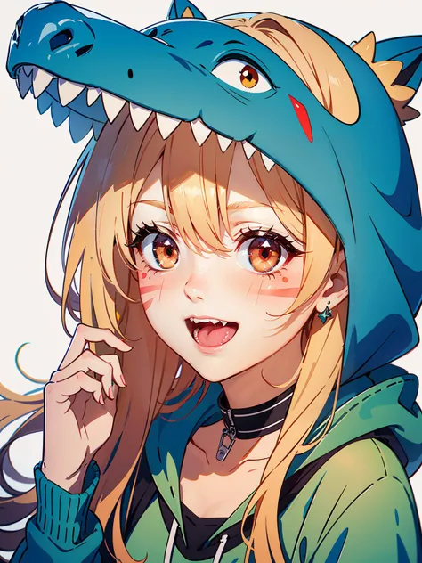 highres, absurdres, highly detailed, high detail, high resolution, absurd resolution, extremely detailed, anime
shyrei faolan \(virtual youtuber\), 1girl, solo
blush, facial mark, whisker markings, skin fang, open mouth, smile, red eyes
blonde hair, long hair, x hair ornament
(claw pose:1.1)
collar, green dinosaur costume, dinosaur hood, hood up, dinosaur tail
looking at viewer, white background