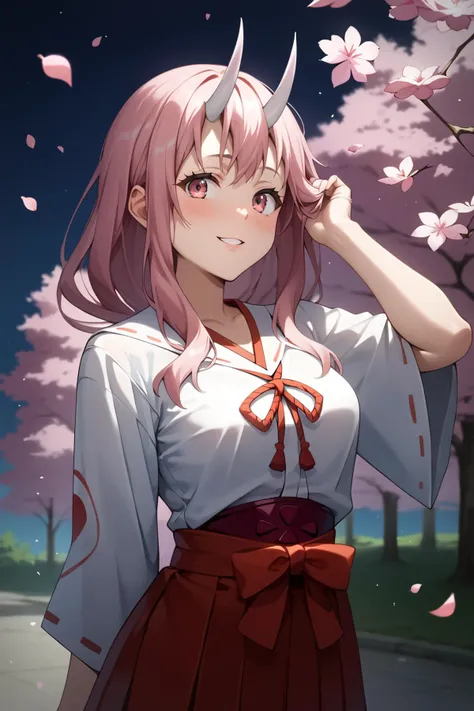 1girl, solo, lustrous skin, shiny skin, night, blush, score_9, score_8_up, score_7_up, best quality, masterpiece, uncensored, nsfw, rating_explicit, girl, low-tied long hair, pink hair, white oni horns, pink eyes, miko, red hakama, adjusting hair, parted lips, light smile, outdoors, sakura tree, petal, cherry blossoms, leaf, flower, tree, wind, windy, upper body, knot, <lora:Shuna - Pony:0.8>
