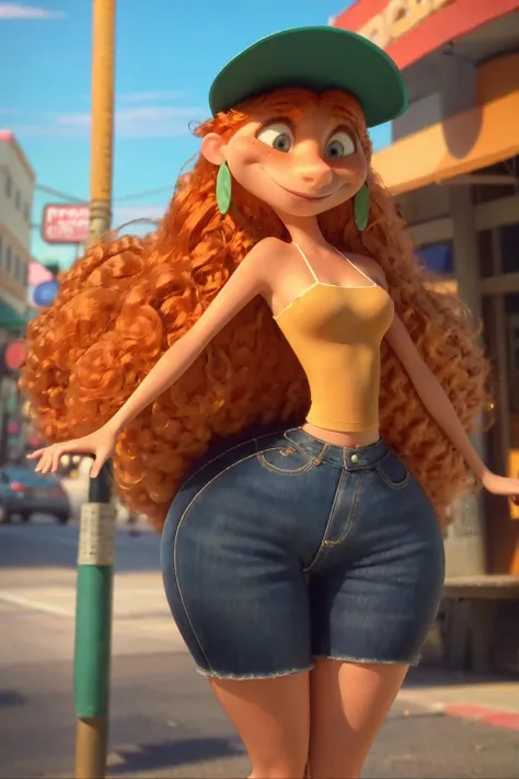 kateiw standing on busy street during day looking at viewer, long curly orange hair, green cap, tank top, denim shorts, smile, <lora:KateInnerWorkings:0.85>