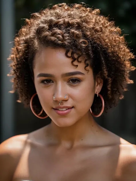 Realistic photo of a beautiful n4th4l133 woman,  1girl, solo, looking at viewer, black hair, bare shoulders, brown eyes, jewelry, collarbone, upper body, earrings, lying, teeth, dark skin, armpits, mole, dark-skinned female, lips, strapless, curly hair, hoop earrings, realistic, afro, soft lighting, professional Photography, Photorealistic, detailed, RAW, analog, sharp focus, 8k, HD, high quality, masterpiece<lora:n4th4l133:1.0>