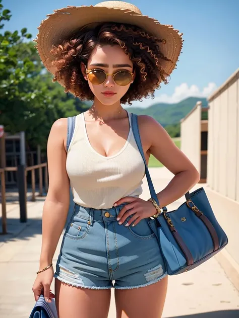 Realistic photo of a beautiful n4th4l133 woman, 1girl, solo, breasts, looking at viewer, short hair, brown hair, shirt, hat, holding, cleavage, jewelry, medium breasts, standing, cowboy shot, outdoors, shorts, sleeveless, bag, blurry, bracelet, lips, blurry background, sunglasses, denim, handbag, realistic, straw hat, afro, high-waist shorts, soft lighting, professional Photography, Photorealistic, detailed, RAW, analog, sharp focus, 8k, HD, high quality, masterpiece<lora:n4th4l133:1.0>