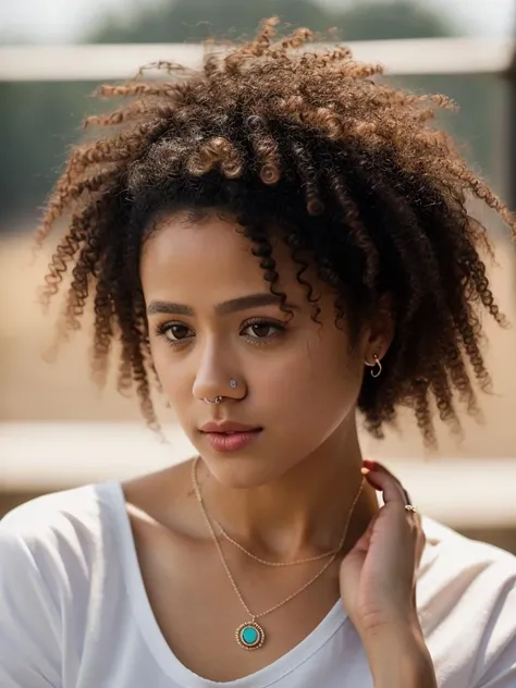 Realistic photo of a beautiful n4th4l133 woman, 1girl, solo, looking at viewer, shirt, black hair, brown eyes, jewelry, white shirt, upper body, hairband, hand up, dark skin, necklace, mole, lips, headband, ring, portrait, curly hair, realistic, afro, soft lighting, professional Photography, Photorealistic, detailed, RAW, analog, sharp focus, 8k, HD, high quality, masterpiece<lora:n4th4l133:1.0>