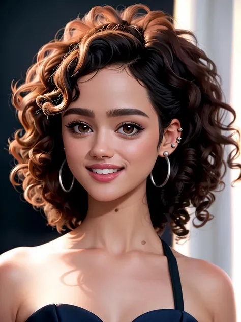 Realistic photo of a beautiful n4th4l133 woman, 1girl, solo, looking at viewer, smile, dark skin, black hair, dress, bare shoulders, brown eyes, jewelry, collarbone, upper body, earrings, teeth, solo focus, off shoulder, mole, grin, blurry, lips, blurry background, piercing, curly hair, realistic, afro, soft lighting, professional Photography, Photorealistic, detailed, RAW, analog, sharp focus, 8k, HD, high quality, masterpiece<lora:n4th4l133:1.0>