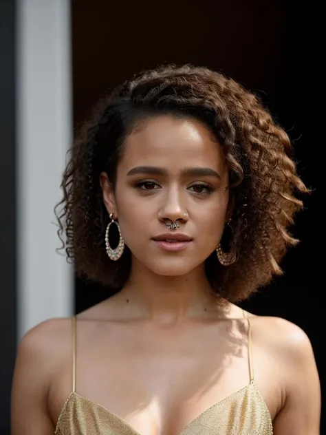 Realistic photo of a beautiful n4th4l133 woman, 1girl, solo, long hair, breasts, looking at viewer, black hair, black dress, cleavage, jewelry, standing, full body, earrings, black dress, indoors, curly hair, afro, soft lighting, professional Photography, Photorealistic, detailed, RAW, analog, sharp focus, 8k, HD, high quality, masterpiece<lora:n4th4l133:1.0>