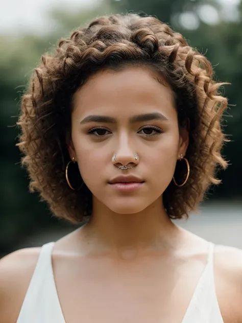 Realistic photo of a beautiful n4th4l133 woman, 1girl, solo, looking at viewer, brown hair, brown eyes, jewelry, closed mouth, earrings, mole, lips, eyelashes, portrait, curly hair, realistic, soft lighting, professional Photography, Photorealistic, detailed, RAW, analog, sharp focus, 8k, HD, high quality, masterpiece<lora:n4th4l133:1.0>