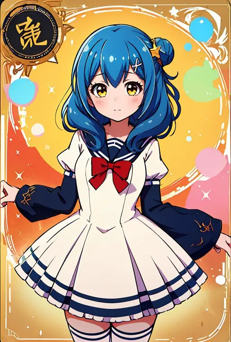 (masterpiece, best quality), 1girl, <lora:Kunieda-Shiho:0.8> kuniedashiho, blue hair, hair between eyes, star hair ornament, single side bun, hairclip, musical note hair ornament, medium hair, yellow eyes, sailor dress, white dress, brown sailor collar, red bowtie, plaid bowtie, long sleeves, juliet sleeves, puffy sleeves, frilled skirt, black thighhighs, school uniform,