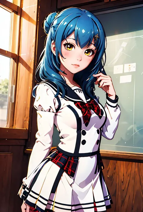 (masterpiece, best quality), 1girl,    <lora:Kunieda-Shiho:0.8> kuniedashiho, blue hair, hair between eyes, star hair ornament, single side bun, hairclip, musical note hair ornament, medium hair, yellow eyes, sailor dress, white dress, brown sailor collar, red bowtie, plaid bowtie, long sleeves, juliet sleeves, puffy sleeves, frilled skirt, black thighhighs, school uniform,