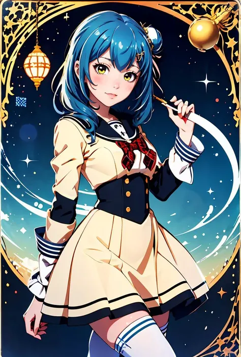 (masterpiece, best quality), 1girl,    <lora:Kunieda-Shiho:0.8> kuniedashiho, blue hair, hair between eyes, star hair ornament, single side bun, hairclip, musical note hair ornament, medium hair, yellow eyes, sailor dress, white dress, brown sailor collar, red bowtie, plaid bowtie, long sleeves, juliet sleeves, puffy sleeves, frilled skirt, black thighhighs, school uniform,