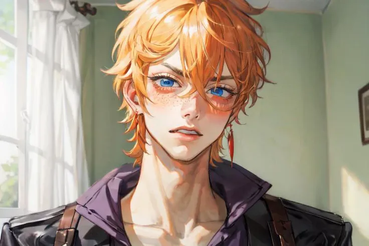 au \(d elete\), best quality, pov, ((1boy)), close-up, eyelashes, orange hair, (freckles:1.2), short hair, single right red earrings, blue eyes, choker, blushing, shocked, angry, looking at viewer, pov, male focus, portrait, solo, ((masterpiece)), muscular man breasts, detailed background, bedroom, <lora:au_d_elete_offset:0.9>, <lora:Tartaglia:0.9>, <lora:add_detail:0.6>, <lyco:GoodHands-beta2:1>