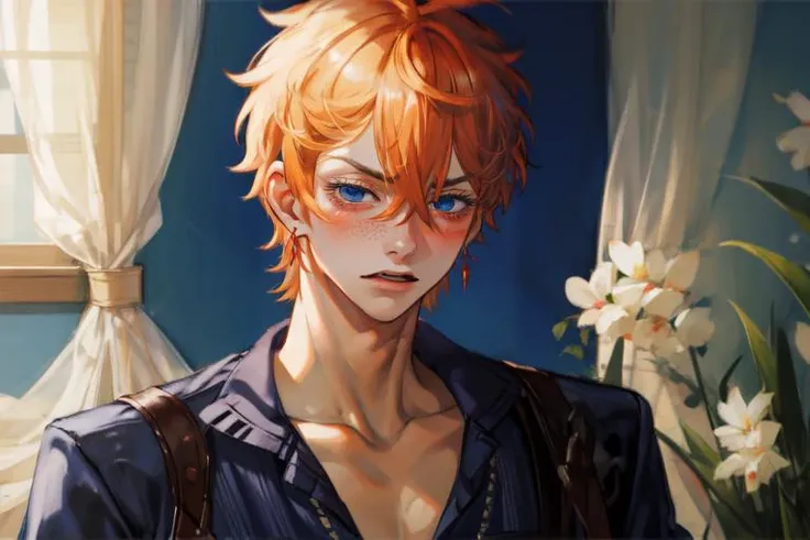 au \(d elete\), best quality, pov, ((1boy)), close-up, eyelashes, orange hair, (freckles:1.2), short hair, single right red earrings, blue eyes, choker, blushing, shocked, angry, looking at viewer, pov, male focus, portrait, solo, ((masterpiece)), muscular man breasts, detailed background, bedroom, <lora:au_d_elete_offset:0.9>, <lora:Tartaglia:0.9>, <lora:add_detail:0.6>, <lyco:GoodHands-beta2:1>
