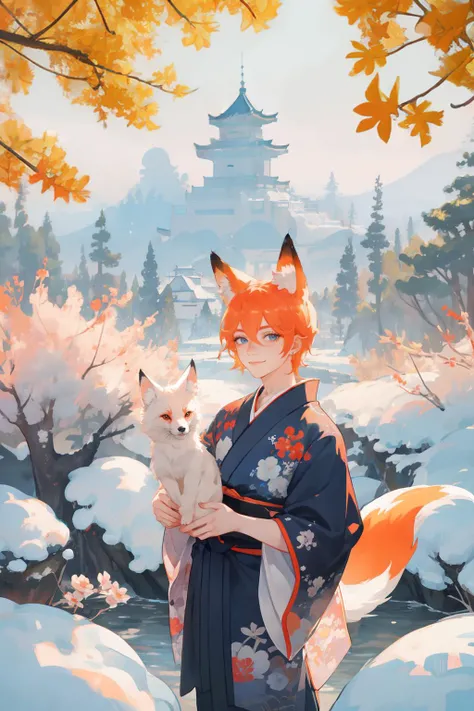 1boy,orange hair,freckles,freckles body,eyelashes,short hair,blue eyes,smirk,hair between eyes,red_shirt,animal ear fluff,animal ears,fox ears,blue gold_print_kimono,chinese_style,(outdoors:1.2),flowers,Kitsune,Cute Ukiyo-e,cityscape,<lora:a1:0.6>,ginko trees,<lora:Tartaglia:0.8>,