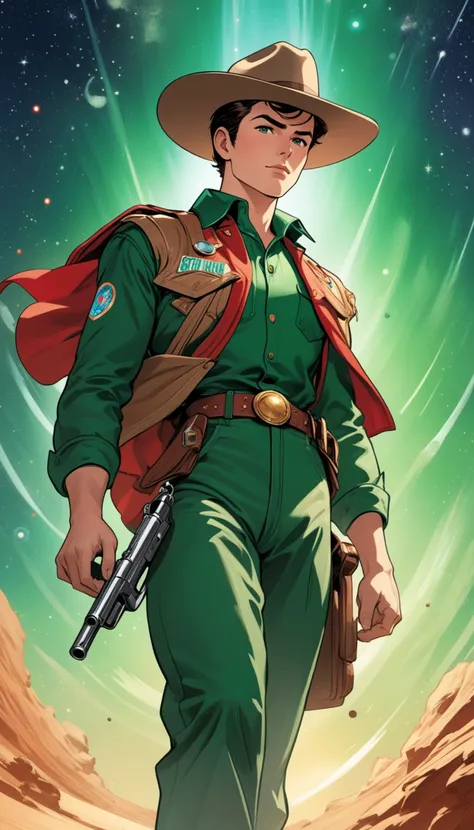 a cover for a comic book, a comic book cover about all space cowboy, 1 cowboy wearing a hat in the style of amazing stories, 1940s 1950s, red and green, comic art, realistic genre scenes, romanticized realism dynamic