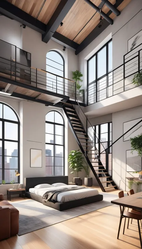 real estate photography style of a modern loft, professional, inviting, well-lit, high-resolution, property-focused, commercial, highly detailed