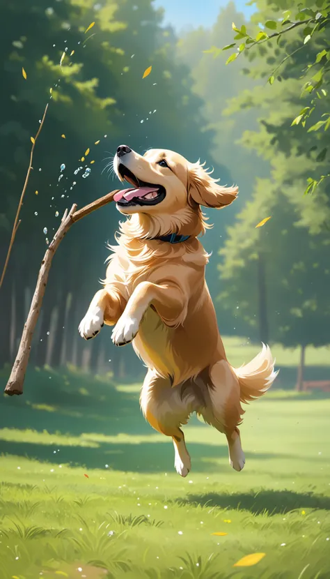 Golden retriever jumping to catch a stick