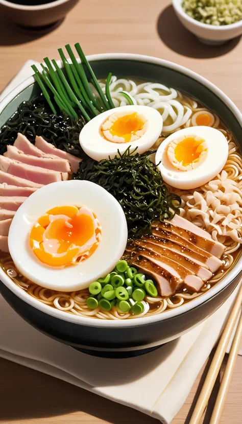 bowl of steaming hot ramen noodles, with a variety of toppings including sliced pork, boiled egg, green onions, and a sheet of nori (dried seaweed). The broth looks rich and flavorful, likely made from a combination of chicken, pork, and dashi.