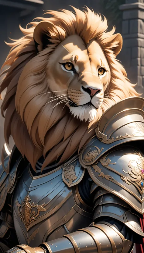 a lion in armor poses for a picture, cinematic close shot
