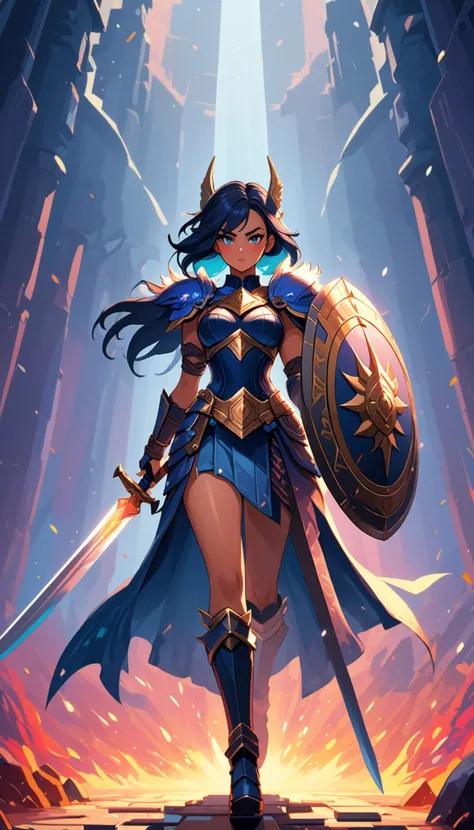 Pixel art of a fierce female warrior with a sword and shield in a fantasy setting, featuring vibrant colors, dynamic lighting, and a dramatic, epic mood