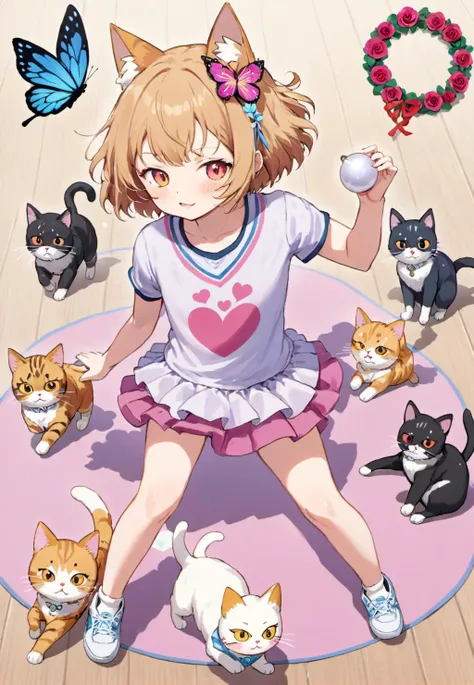 purumia, heart trace, figure, cat breakdancing \(meme\), butterfly tattoo, \\o/, flower wreath, doujin cover, >3<, angry dog noises, double v, pearl hair ornament, bird mask, tabby cat, how to, <lora:Old_Illustration_v1:1>
