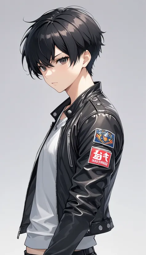 1boy, black hair, white background, short cut hair, leather jacket, tshirt, upper body, detailed shape, detailed line, art of fighting attitude, color manga style