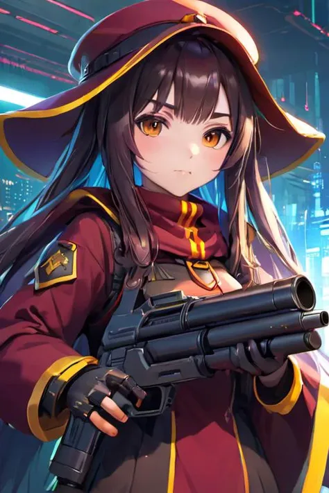 cyberpunk, megumin, grenade launcher, <lora:mecha&weapongirl:1> <lora:Bakuen_megumin_v3:1> <lora:cyberpunk_edgerunners_offset:1>