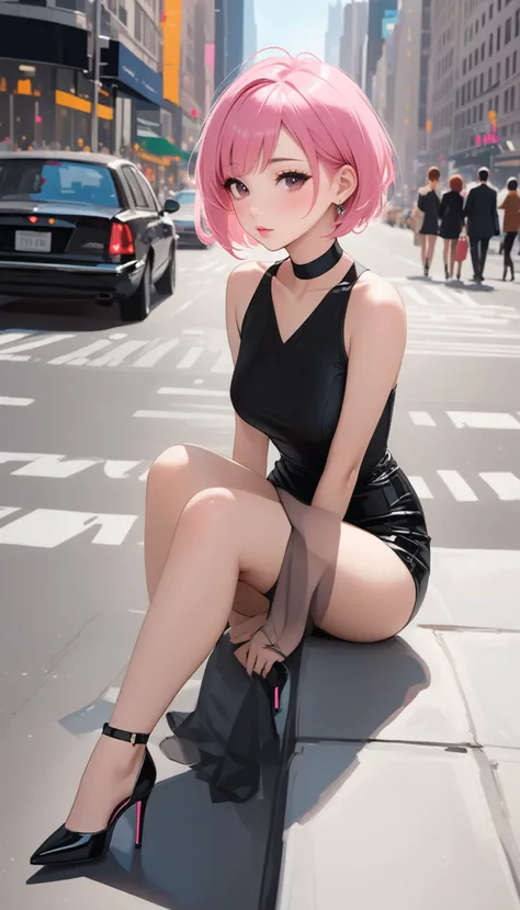 photo of sexy Korean girl sitting on 5th avenue wearing high heels, short pink hair, dark makeup