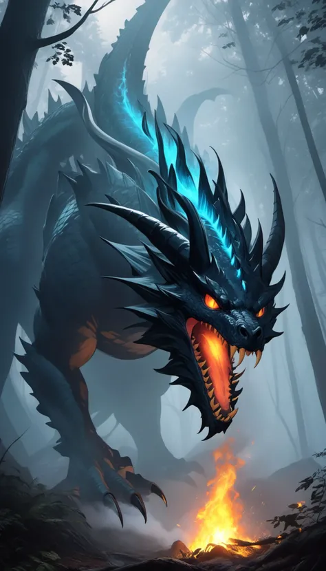a giant monster hybrid of dragon and spider, in dark dense foggy forest, fire, no humans, open mouth, wings, dragon, sharp teeth, teeth, tail, solo, breathing fire, horns, monster, claws, smoke