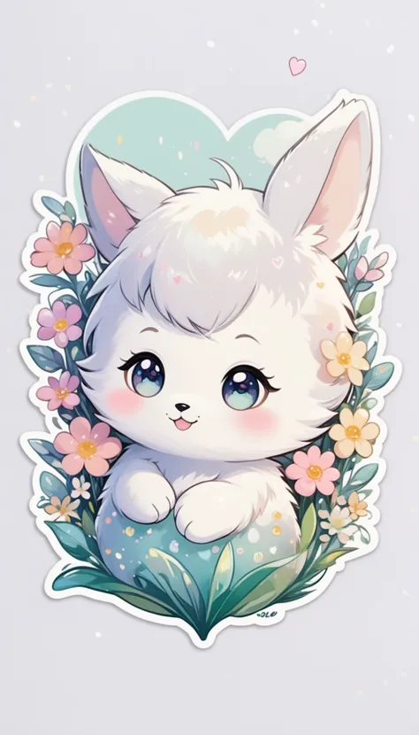 Sticker of a cute, round little animal with big, sparkling eyes and a gentle smile on its face. It has soft, pastel-colored fur. The small critter is surrounded by dainty, heart-shaped flowers in complementary pastel shades, adding to the sticker's overall charm.The white background provides the perfect canvas for this adorable creature, allowing its pastel features to pop and catch the eye. The sticker design exudes a warm and playful energy, making it an endearing addition to any item it adorns.