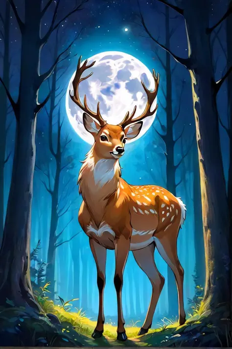 famous artwork, painting of a deer standing in a forest with a full moon in the background, anthropomorphic deer, an anthropomorphic deer, in a forest at night, night in the forest, realistic fantasy illustration, deer, in the forest at night, beautiful digital illustration, god of the forest, beautiful digital painting, moonlit forest, in the moonlight, perfect hands, nice hands, masterpiece, best quality, ultra detailed