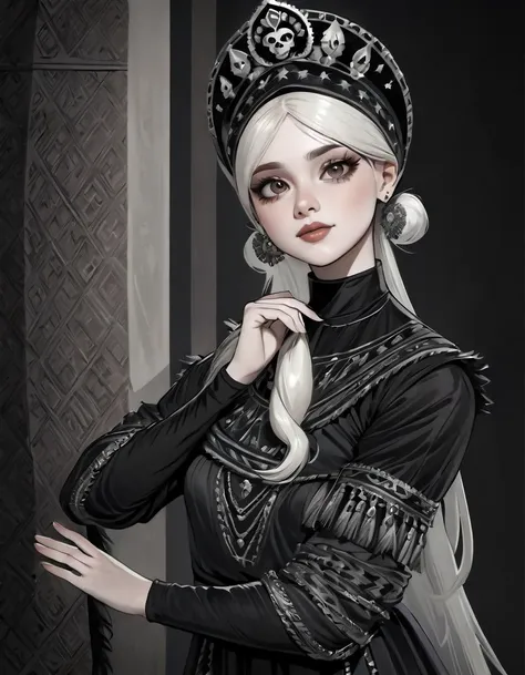 20yo, girl in scary Russian outfit and kokoshnik, cute, eager smile, tenderness, huge eyes, with hairstyle of disheveled ponytails, hyperrealism, professional photo, 4k, high resolution, close-up, noir style