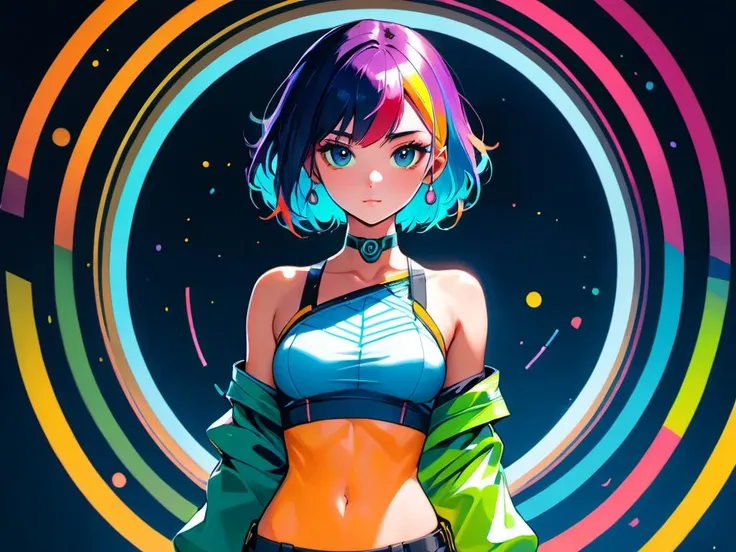 (masterpiece,best quality, ultra realistic,32k,RAW photo,detailed skin, 8k uhd, high quality:1.2), (sfw:1.3), (full body:1.3), a award winning portrait of a beautiful woman with stunning eyes in a one off shoulder croptop and cargo pants with rainbow colored hair, outlined by whirling illuminated neon lines and fine lines swirling in circles by jesper ejsing and rhads and makoto and shinkai and lois van baarle, digital art, trending on artstation