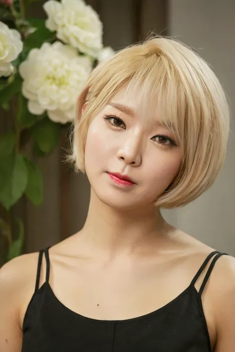 a beautiful picture of ch04xlv2,blonde,short hair, detailed skin texture,masterpiece, face focus, photorealistic, woman, 4k, HDR, backlighting, bloom, light, RAW color photo,(fully in frame:1.1), (blush:0.5), (goosebumps:0.5), wearing a black top, asian. happy, idol <lora:ch04xlv2:1>, korean,
