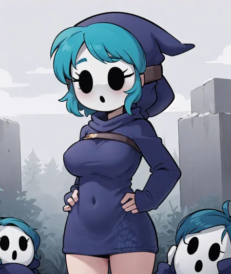 toon \(style\), solo focus, foreground focus, 1girl, dress, hood, mask, hollow eyes, hood up, hood up, blue dress, blue hair, dyed bangs, red hair, <lora:Crazy_ExpressionsV2:0.7>, scared (sleeves past fingers, sleeves past wrists), large breasts, (hands on hips)