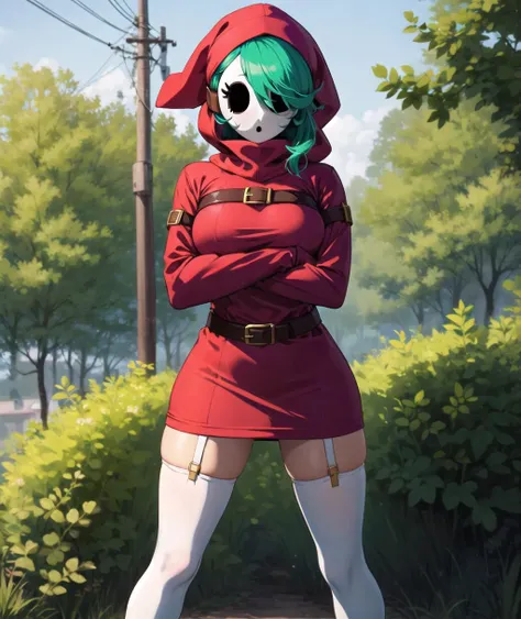 toon \(style\), solo focus, foreground focus, 1girl, dress, hood, mask, hollow eyes, hood up, red dress, boots, brown belt, green hair, white thighhighs, garter straps, blue footwear (sleeves past fingers, sleeves past wrists), large breasts, (crossed arms)