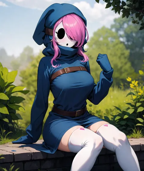 toon \(style), solo focus, foreground focus, 1girl, dress, hood, mask, hollow eyes, hood up, blue dress, hair over one eye, pink hair, long hair, thighhighs sleeves past fingers, sleeves past wrists, large breasts, (hand on own thigh, sitting)