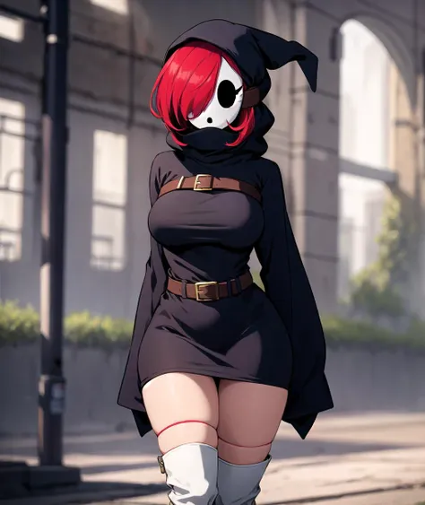 solo focus, foreground focus, 1girl, dress, hood, mask, hollow eyes, hood up, black dress, brown belt, thighs, white boots, red hair, hair over one eye, sleeves past fingers, sleeves past wrists, large breasts