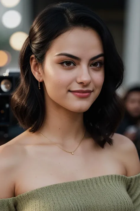 photo of beautiful (cm3nd3s:0.99), a woman with beautiful hair, hair upsweep updo, as a movie star in a (movie premiere), premiere gala, (near a movie theatre), natural skin texture, (elegant green sweater off-shoulder with suspenders), 24mm, 4k textures, soft cinematic light, adobe lightroom, photolab, hdr, intricate, elegant, highly detailed, sharp focus, ((((cinematic look)))), soothing tones, insane details, intricate details, hyperdetailed, low contrast, soft cinematic light, exposure blend, hdr, faded, (paparazzi in background), (painted lips:1.1), ((looking straight at the camera:1.1)), (smiling)