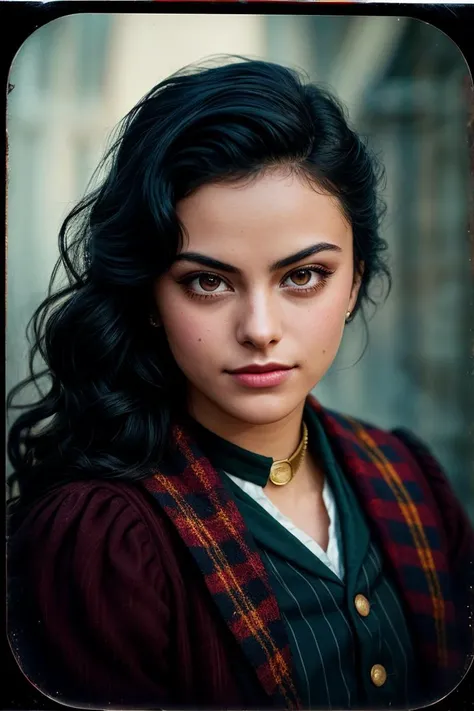 photo of (cm3nd3s:0.99), closeup portrait, perfect hair, hair upsweep updo, posing, (vintage photo, gryffindor wizard outfit), Century Camera Co. Studio, 160mm f/8, 1/10s, ISO 25, ((tintype)), (analog, film, film grain:1.3), ((on Hogwarts castle outside, night, gritty)), happy, 80s, ((detailed eyes)), (colorful), magic wand