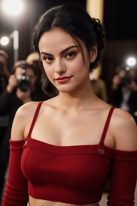 photo of beautiful (cm3nd3s:0.99), a woman with beautiful hair, hair upsweep updo, as a movie star in a (movie premiere), premiere gala, (near a movie theatre), natural skin texture, (elegant red sweater off-shoulder with suspenders), (suspenders) 24mm, 4k textures, soft cinematic light, adobe lightroom, photolab, hdr, intricate, elegant, highly detailed, sharp focus, ((((cinematic look)))), soothing tones, insane details, intricate details, hyperdetailed, low contrast, soft cinematic light, exposure blend, hdr, faded, (paparazzi in background), (painted lips:1.1), ((looking straight at the camera:1.1)), (perfect waist)