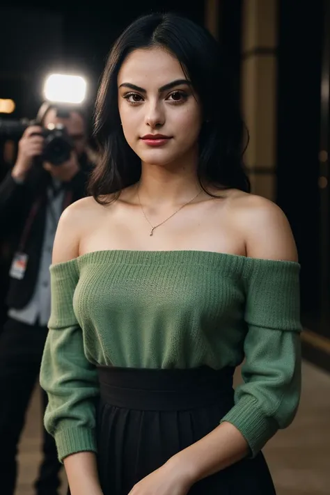 photo of beautiful (cm3nd3s:0.99), a woman with beautiful hair, as a movie star in a (movie premiere), premiere gala, (near a movie theatre), natural skin texture, (elegant green sweater off-shoulder with suspenders), (suspenders) 24mm, 4k textures, soft cinematic light, adobe lightroom, photolab, hdr, intricate, elegant, highly detailed, sharp focus, ((((cinematic look)))), soothing tones, insane details, intricate details, hyperdetailed, low contrast, soft cinematic light, exposure blend, hdr, faded, (paparazzi in background), (painted lips:1.1), ((looking straight at the camera:1.1)), (perfect waist)