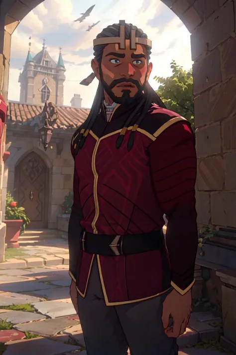 Harrow, KingAttire, green eyes, crown, (man, boy, male:1.5), courtyard, garden, castle, trees, (realistic:1.2), (masterpiece:1.2), (full-body-shot:1.2),(Cowboy-shot:1.2), dark romantic lighting, (highly detailed:1.2), (detailed face:1.2), (gradients), colorful, detailed eyes, (natural lighting:1.2), solo, <lora:add_detail:0.3> <lora:DragonPrince_KingHarrow-10:0.85> <lora:BeautifulEyes:0.3>