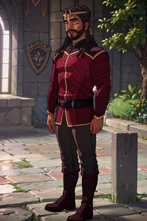Harrow, KingAttire, green eyes, crown, (man, boy, male:1.5), courtyard, garden, castle, trees, (realistic:1.2), (masterpiece:1.2), (full-body-shot:1.2),(Cowboy-shot:1.2), dark romantic lighting, (highly detailed:1.2), (detailed face:1.2), (gradients), colorful, detailed eyes, (natural lighting:1.2), solo, <lora:add_detail:0.3> <lora:DragonPrince_KingHarrow-10:0.85> <lora:BeautifulEyes:0.3>