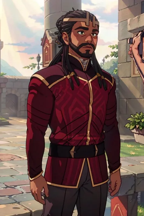 Harrow, KingAttire, green eyes, crown, (man, boy, male:1.5), courtyard, garden, castle, trees, (realistic:1.2), (masterpiece:1.2), (full-body-shot:1.2),(Cowboy-shot:1.2), dark romantic lighting, (highly detailed:1.2), (detailed face:1.2), (gradients), colorful, detailed eyes, (natural lighting:1.2), solo, <lora:add_detail:0.3> <lora:DragonPrince_KingHarrow-10:0.85> <lora:BeautifulEyes:0.3>