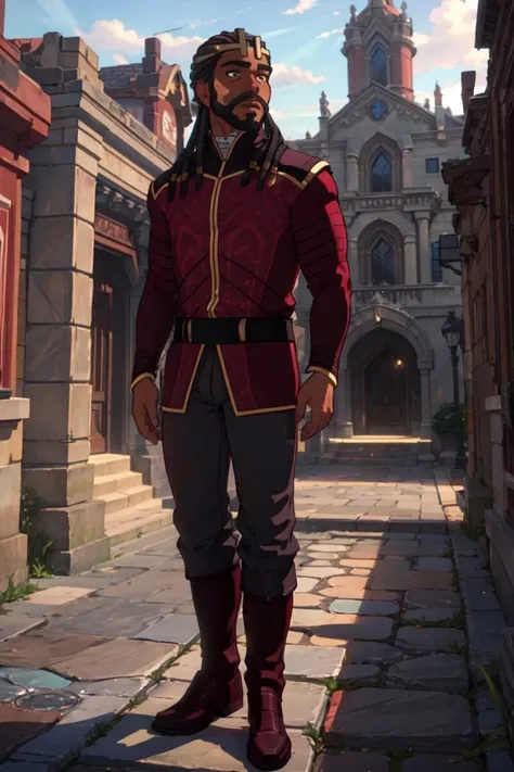 Harrow, KingAttire, green eyes, crown, (man, boy, male:1.5), outside, courtyard, (realistic:1.2), (masterpiece:1.2), (full-body-shot:1.2),(Cowboy-shot:1.2), dark romantic lighting, (highly detailed:1.2), (detailed face:1.2), (gradients), colorful, detailed eyes, (natural lighting:1.2), solo, <lora:add_detail:0.3> <lora:DragonPrince_KingHarrow-10:0.7>  <lora:BeautifulEyes:0.3>