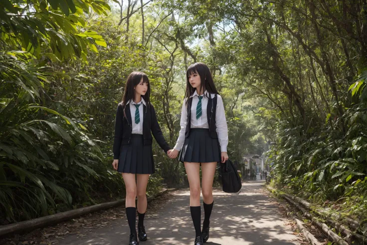 ((masterpiece)), (best quality), official art, extremely detailed CG, unity 8k wallpaper, ultra detailed, highly detailed, 
1girl, rin shibuya, black hair, (green eyes:1.5), long hair,school uniform, white shirt, collared shirt, long sleeves, green necktie, striped necktie, miniskirt, black skirt, pleated skirt, black socks, <lora:rinshibuyatest:1>, 
cinematic, high contrast, spot light, photorealistic, 
Balancing with one foot raised behind, Enchanting Rainforests: Lose yourself in the lush greenery of the Amazon rainforest, home to a myriad of exotic plants and animals,