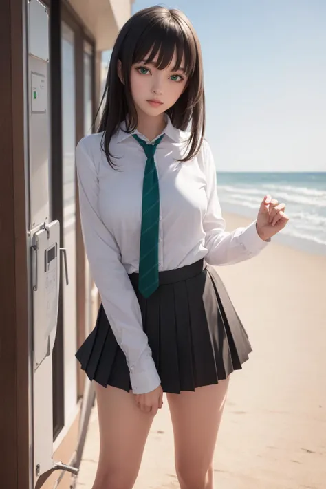 ((masterpiece)), (best quality), official art, extremely detailed CG, unity 8k wallpaper, ultra detailed, highly detailed, detailed background, vivid color, photorealistic, perfect lighting, best illumination, 
1girl, rin shibuya, black hair, (green eyes:1.5), long hair, happy,
black skirt, black socks, collared shirt, green necktie,  long sleeves, miniskirt, necktie, pleated skirt, school uniform, shirt, skirt, striped, striped necktie, white shirt, wing collar,
beach, sunbeam, bearfoot,
<lora:rinshibuyatest:0.8>