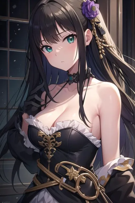 rinshibuya, <lora:rinshibuyatest:1>, rin shibuya, black hair, (green eyes:1.5), long hair,
BREAK black gloves, black gothic dress (idolmaster), black ribbon, black shirt, choker, collarbone, gloves, hair flower, hair ornament, hair ribbon, idol, purple flower, ribbon, shirt, sleeveless, sleeveless shirt,
BREAK indoors, classroom,
BREAK looking at viewer,
BREAK <lora:GoodHands-vanilla:1>, (masterpiece:1.2), best quality, high resolution, unity 8k wallpaper, (illustration:0.8), (beautiful detailed eyes:1.6), extremely detailed face, perfect lighting, extremely detailed CG, (perfect hands, perfect anatomy),