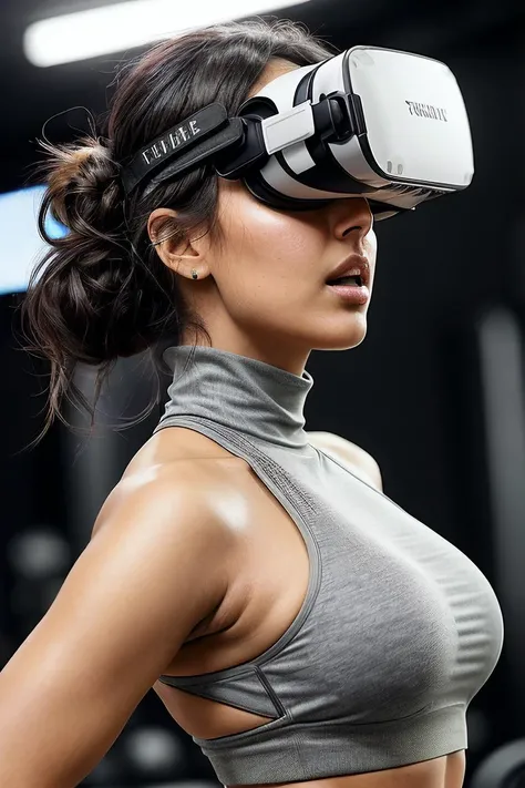 beautiful woman (Katr1n4K41f01:.99), beautiful hair, (( Low, twisted bun :1.2)), ((portrait)), (closeup:1.2), ((from the waist up)), ((( A cutting-edge virtual reality fitness studio, offering immersive workout experiences and personalized training programs ))), natural skin texture, (( High-waisted trousers and turtleneck :1.2)), 24mm, 4k textures, soft cinematic light, adobe lightroom, photolab, hdr, intricate, elegant, highly detailed, sharp focus, ((((cinematic look)))), soothing tones, insane details, intricate details, hyperdetailed, low contrast, soft cinematic light, exposure blend, hdr, faded, now